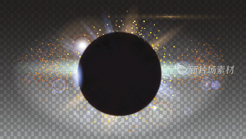 Solar eclipse, astronomical phenomenon - full sun eclipse. Abstract light effect with planet and shining sun. Star burst with sparkles. The planet covering the Sun in eclipse. Isolated on transparent